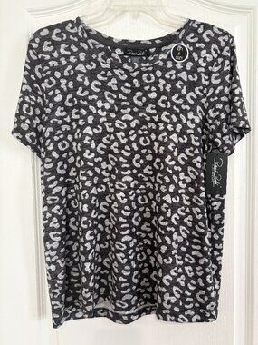 Rene Rofe Sleepwear Leopard Pajama Top Soft Knit Short Sleeve Gray Size Medium